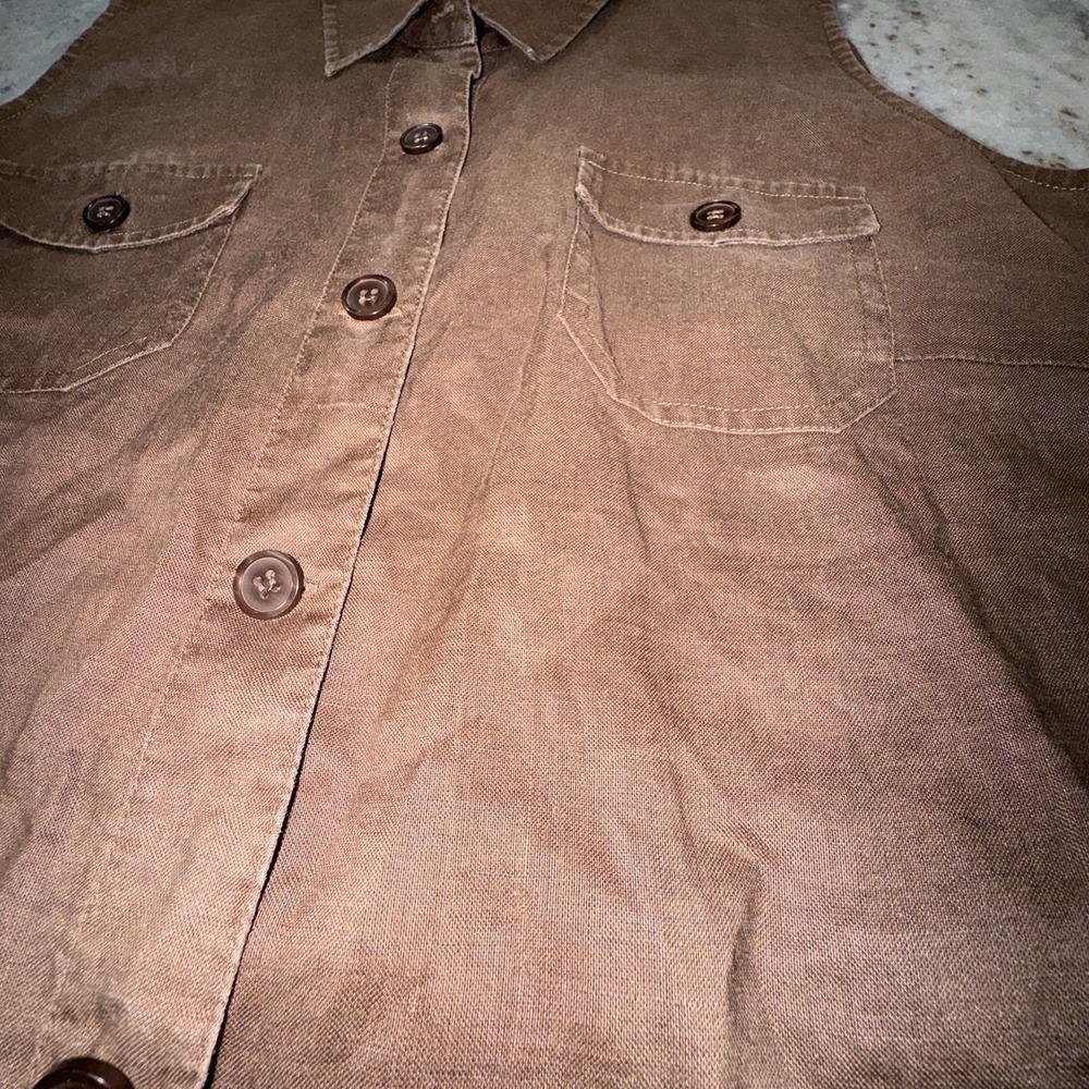 Toto N Ko Women's 14 Petite 100% Linen Brown Sleeveless Shirt Button Down Casual